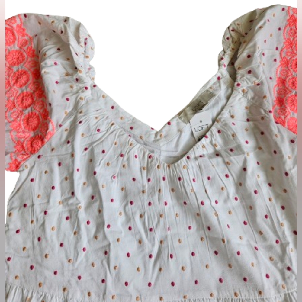 LOFT dotted embroidered v neck tiered swing mini dress, xs, white - Picture 4 of 11